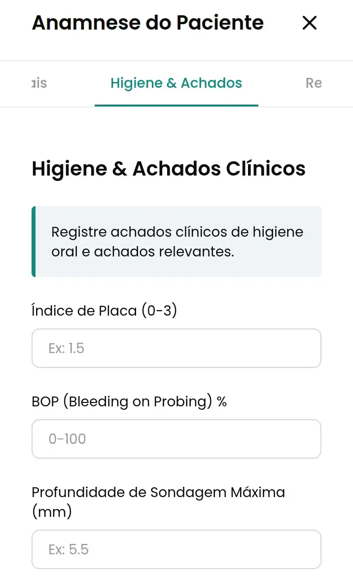 Tela interna mobile do Care360 com campos clínicos de higiene e achados odontológicos
