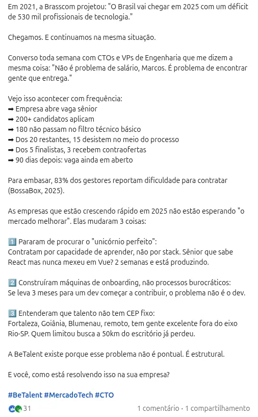 Trecho de publicação ghostwritten no LinkedIn com engajamento