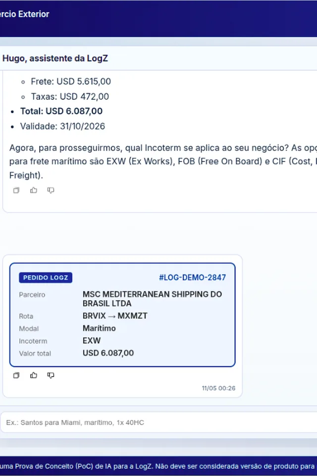 Conversa do assistente Hugo com cotação de frete e cartão de pedido LogZ