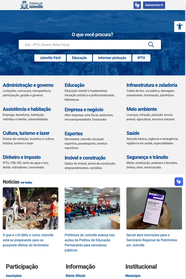 Página inicial do portal da Prefeitura de Joinville com busca de serviços
