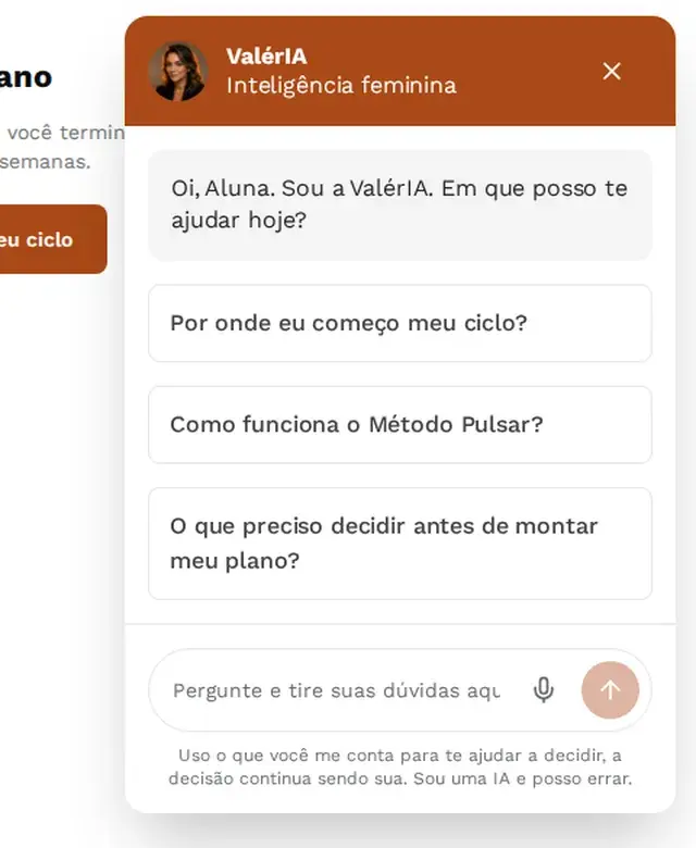 Tela inicial da ValérIA, assistente de mentoria para empreendedoras